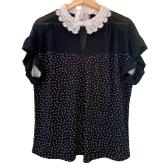 Faith and Joy Tops - Faith And Joy Women's Black Polka Dot Eyelet Lace Collar Blouse Size Medium